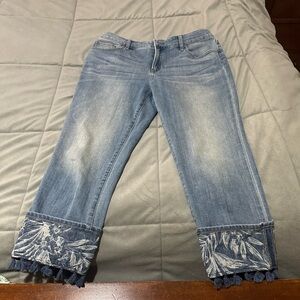 Women's Blue Jean crops with Embroidered Hem